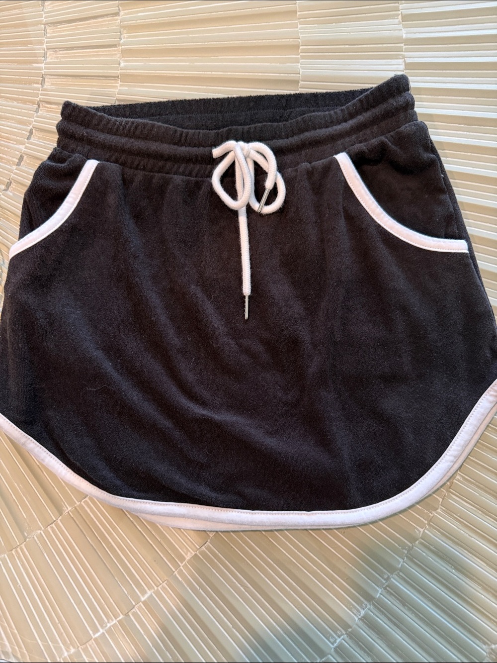 Black Terry Drawstring Women’s Mini Skirt with White Trim